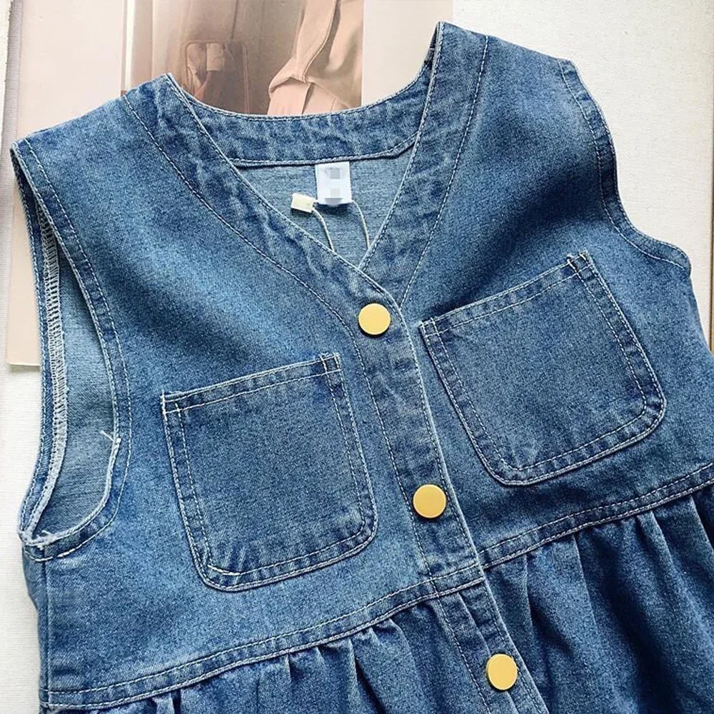 Summer Blue Girls' Casual Dresses Solid Color Basic Simple Sleeveless Children's Clothing Single Breasted Pocket Cowboy Dress