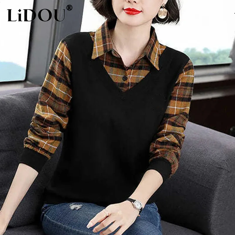 Autumn Winter New Fashion Patchwork Two Fake Pieces Plaid Sweater Woman Simple Korean Loose Casual Lady Top Chic Female Pullover