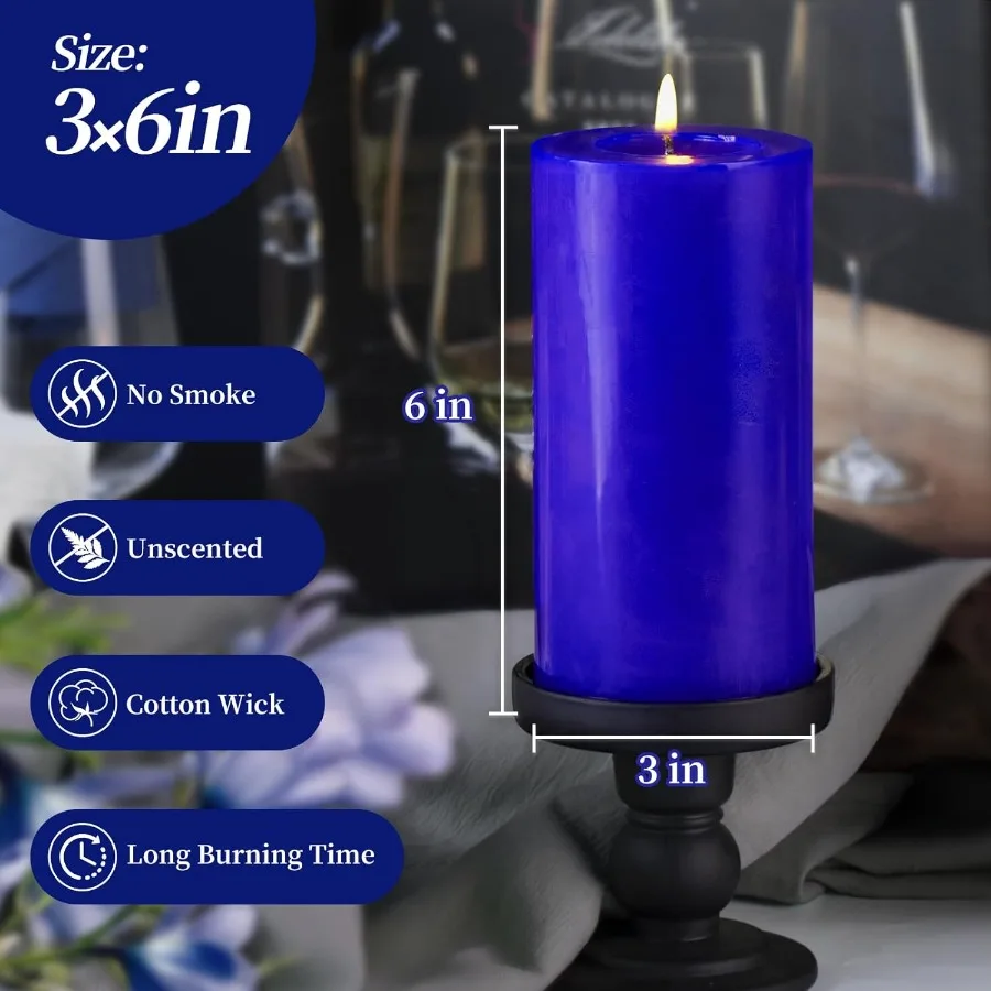 Velas de pilar azules clásicas, juego de 3 velas de pilar sin perfume de 3x6 para bodas, decoración del hogar, fiestas, spas, burni de 56 horas de largo