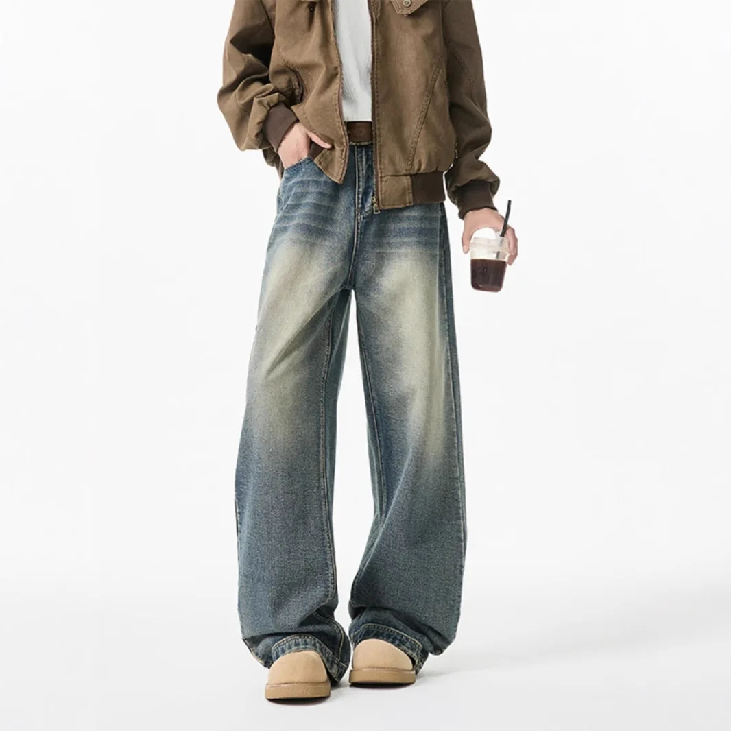 Frühling Herbst Amerikanischen Vintage Neue Mode Für Männer Einfarbig Casual Trendy Einfache Grundlegende Breite Bein Denim Hosen Männliche Jeans hosen
