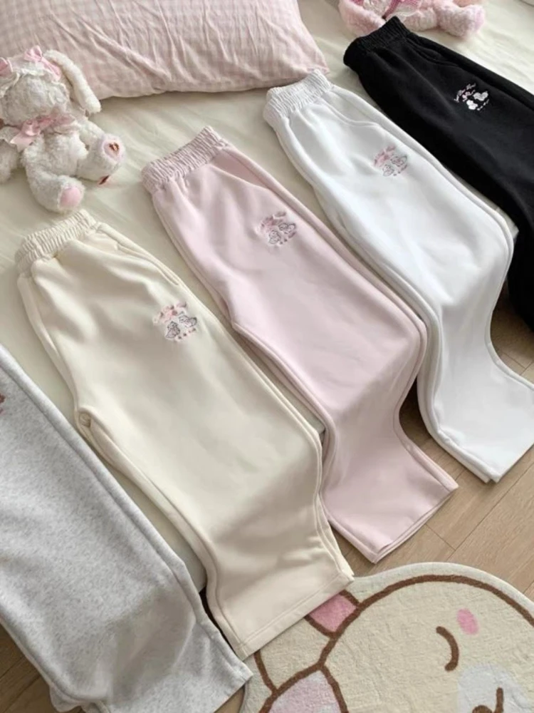 Gray Sweet Elegant Thin Wide Leg Pant Woman Japanese Y2k Aesthetic Drawstring Trousers Harajuku Female Embroidery Chic Bottoms
