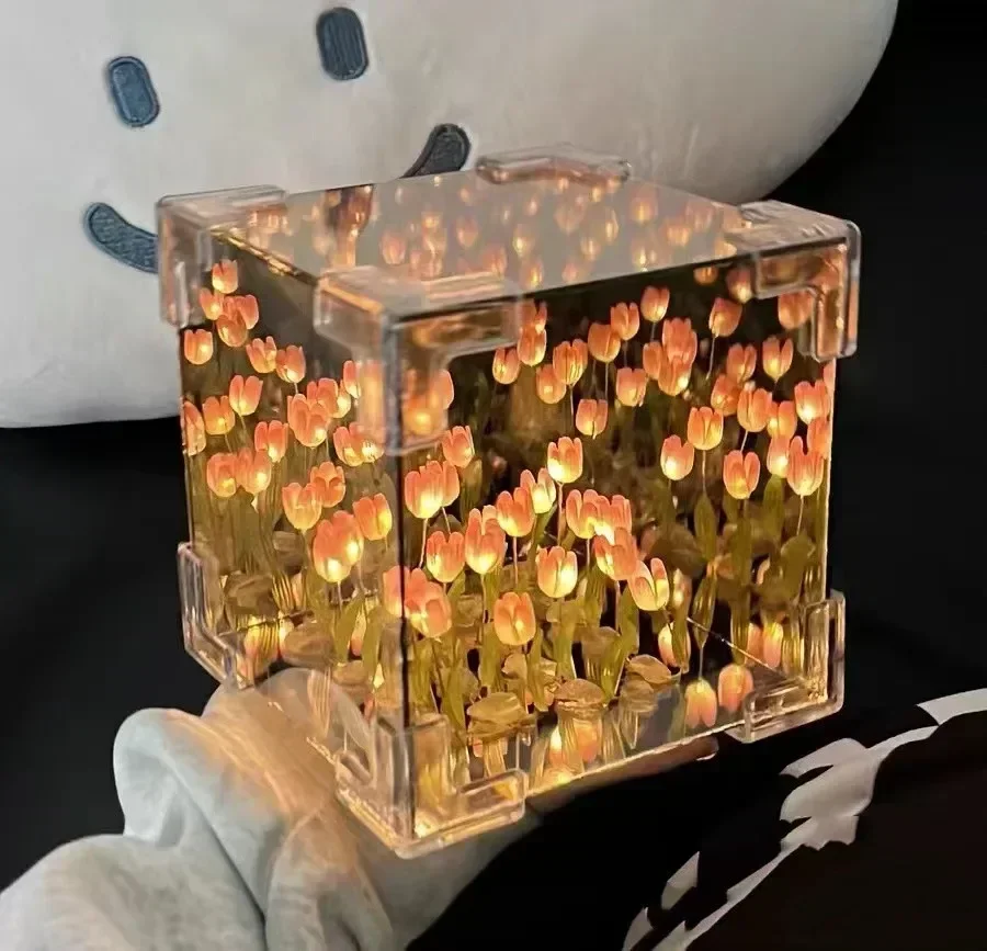 DIY Tulip Flower Cube Night Light Kit Handmade LED Lamp Full Material Package Room Decor Birthday Gift Romantic Table Lamp
