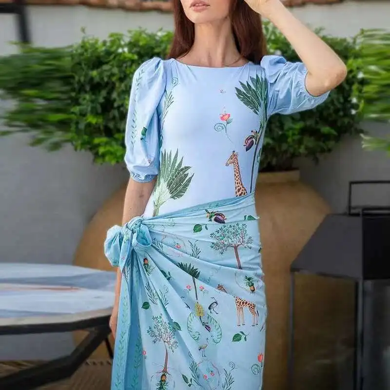 فساتين بيكيني للاستحمام بنمط جديد لعام 2025 غير رسمية بياقة دائرية وأكمام طويلة ملابس شاطئ صيفية بوهيمية برباط ملابس سباحة #4