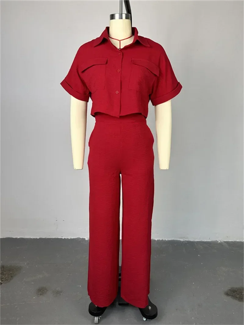 FJM-Ensemble 2 Pièces pour Femme, Chemise à Manches Courtes et Pantalon à Jambes Larges, Taille Haute, Décontracté, Été