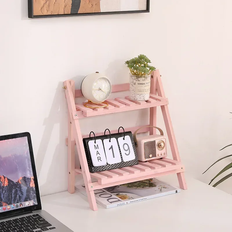 1pc Wooden Storage Shelf 2-Tiers Desktop Organizer Shelves Trapezoidal Desk Display Rack Desktop Stationary Office Storage Rack