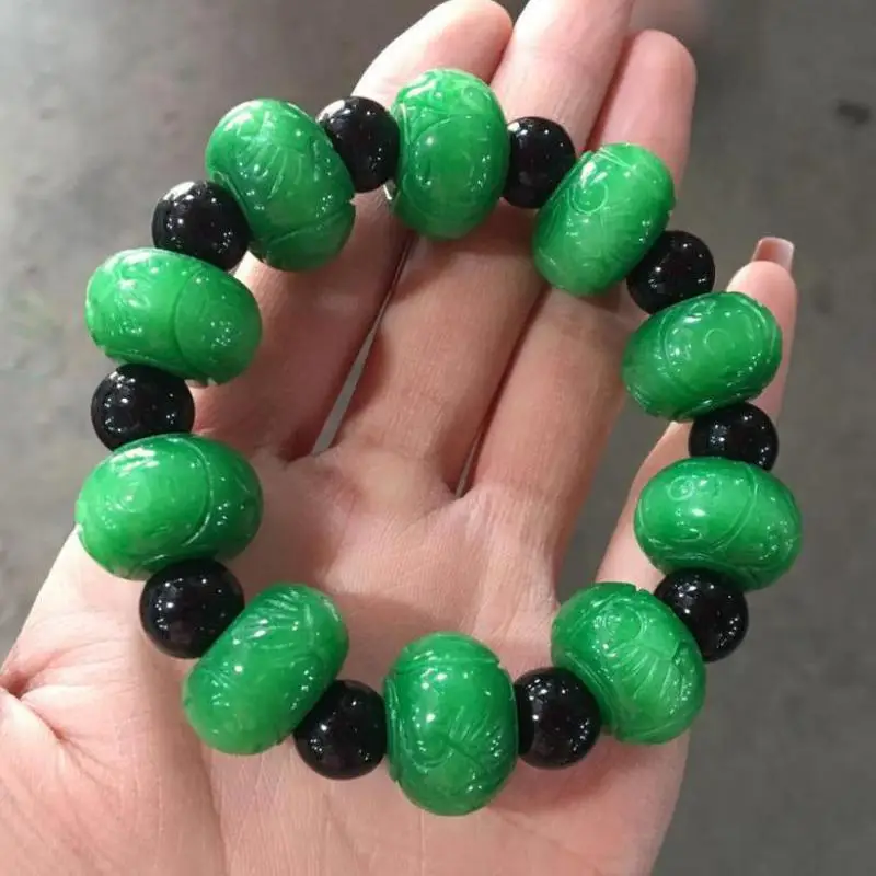 

Genuine Myanmar Grade A Jadeite Green Jade Carved Beads Bracelets Men Women Healing Gemstone Fine Jewelry Burma Jade Bracelet