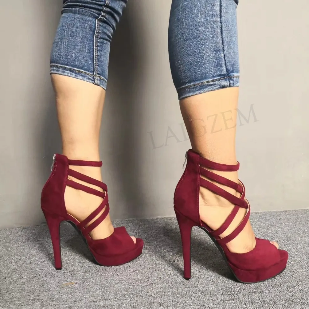 ZHIMA Strappy Women Platform Sandals Faux Suede Stiletto Zip Heels Sandalia Shoes Woman Ladies Large Size 39 41 43 45 52