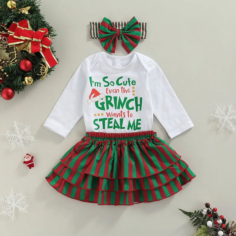 New Baby Girls Three Piece Suit Fashion Letter Long Sleeve Romper And Stripe Short Skirt Headband 0-3 Years Hot Sale