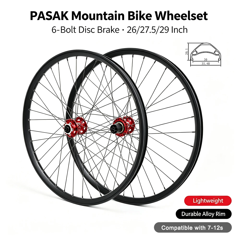 Pasak AM MTB Wheelset 36 Holes Compatible 26/27.5/29 Inch with 7-12s HG/MS/XD Cassette QR & Thru Axle Conversion Schrader Valve