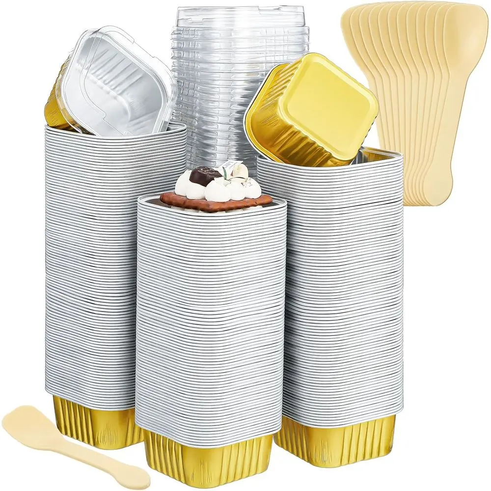 

5oz Gold Square Aluminum Foil Baking Cups with Lids, Spoons & Disposable Ramekins for Parties