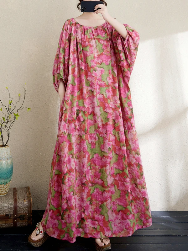

Plus Size Large Size Artistic Cotton Linen Print Loose Meat Concealing Slimming Holiday Sle Robe Lantern Sve Long Dr