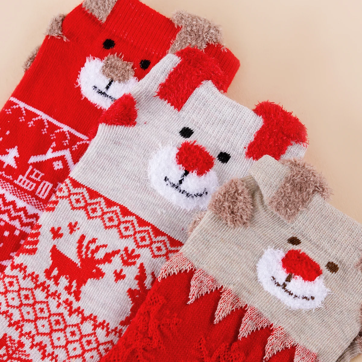 3/6 Pairs Of Autumn And Winter Unisex Thick Fashion Christmas Sweet And Cute Cartoon Three-Dimensional Reindeer Long Socks