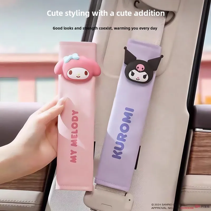Cintura di sicurezza per auto Sanrio Kulomi Kawaii Cintura di sicurezza per sedile in cartone animato Spalline in pelle PU Copertura protettiva piatta 3D Anti-collo strangolare