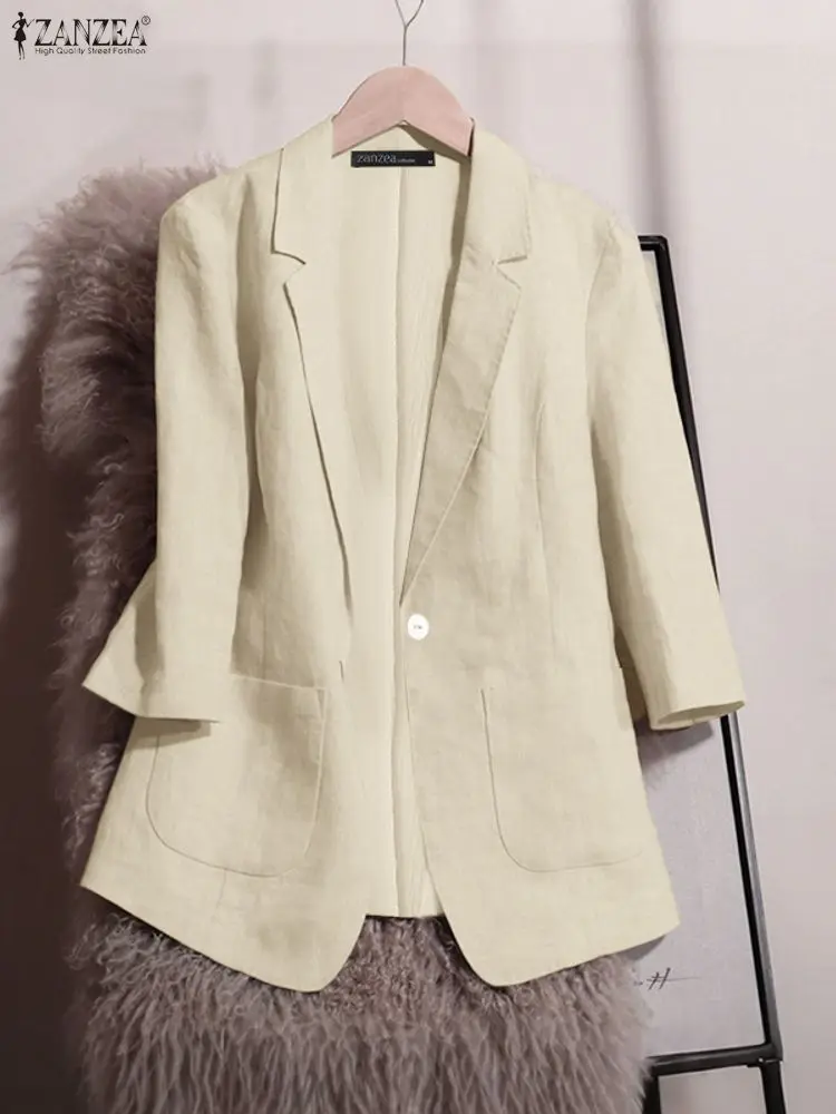 

ZANZEA Elegant Women Blazer Office Lady OL Suits 2025 Autumn 3/4 Sleeve Casual Pockets Solid Fashion Outercoats Streetwear Coats