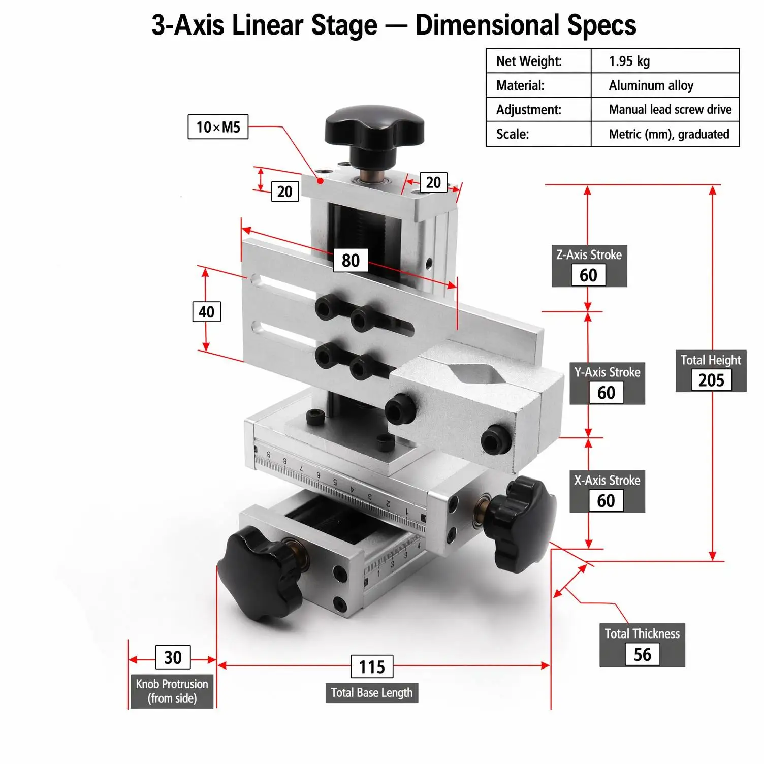 60mm Stroke Three Dimensional Welding Torch Holder Stand XYZ Axis Adjusting Frame Aluminum Alloy High Precision Sliding Table