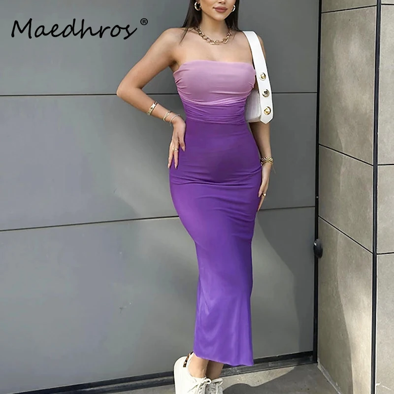 

Gradient Pleats Strapless Sexy Bodycon Female Elegant Maxi Prom Dress 2024 Summer Women Clothes Wedding Birthday Party Dress