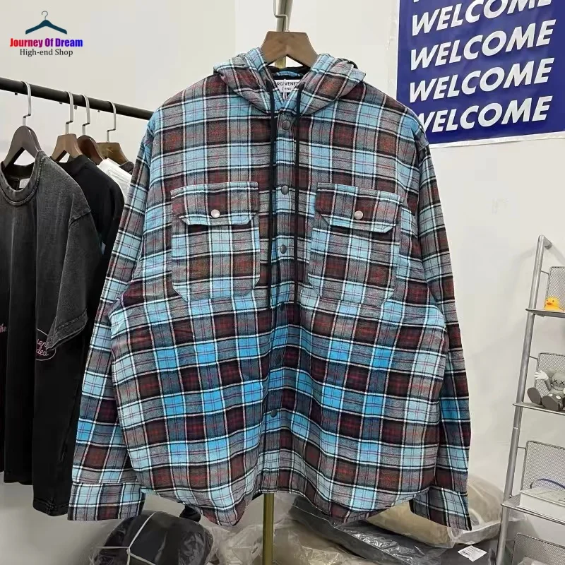 Mens Womens Brand Blue Shirt Hoodie Plaid Button Cotton Thick Fabric Vintage High Street Hooded Coats