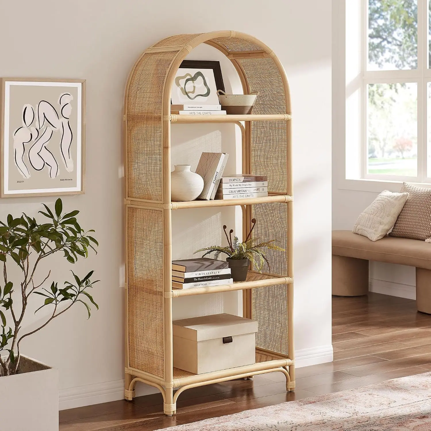 Tall Arched Wood & Rattan Bookcase 67 Inch Open Back Bookshelf 6 Shelves Living Room Bedroom Office, Customized