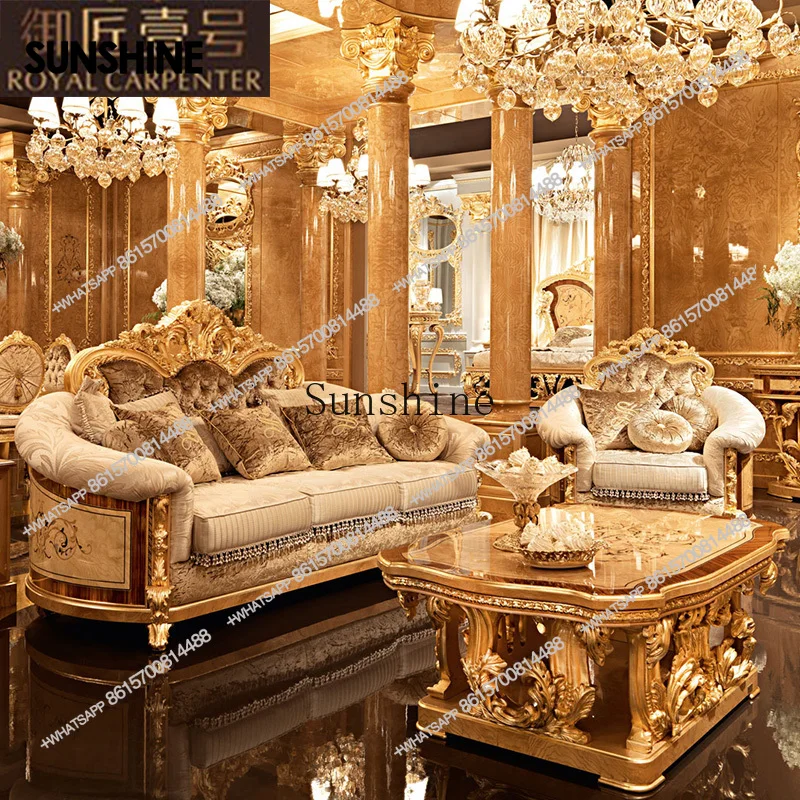 European villa living room wood carving flower furniture court fabric three sofaX