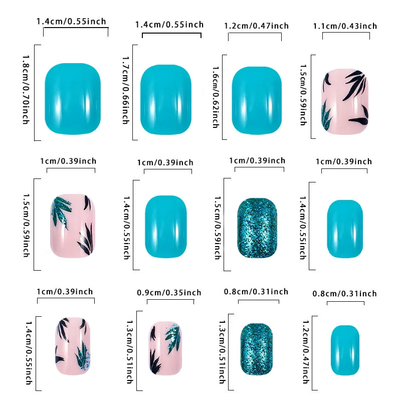 False Nail Square Nail Daily Style Glitter Design Green Leaves Fake Nail Patch Full Cover Wearable Women Press on Nail Short Tip