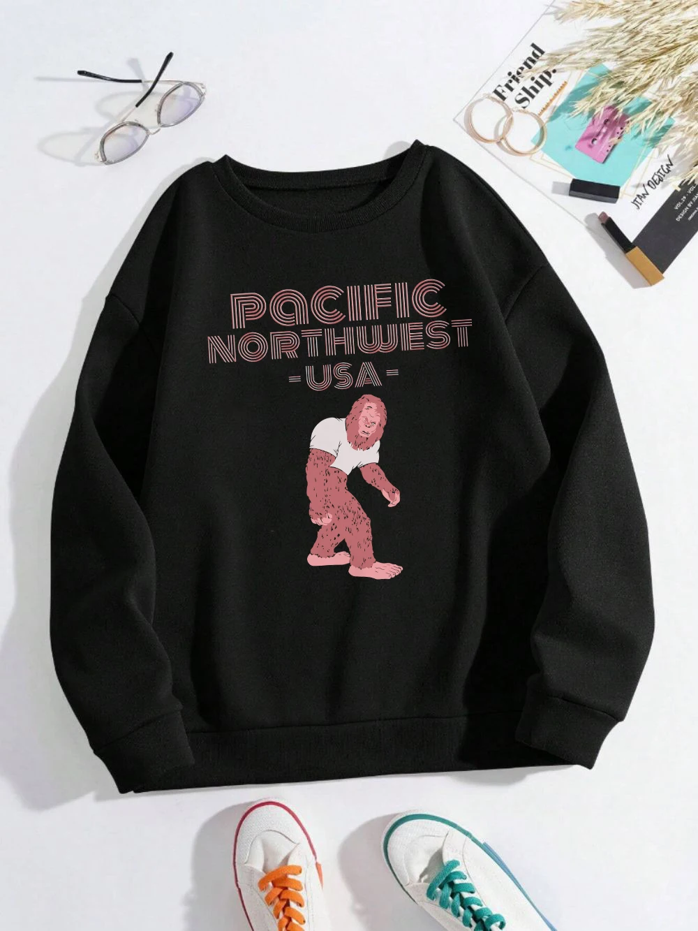 Pacific Northwest Usa Sweatshirts Women Orangutan Printed Hoodie Fleece Warm Crewneck Loose Pullover Winter Sporty Female Tops