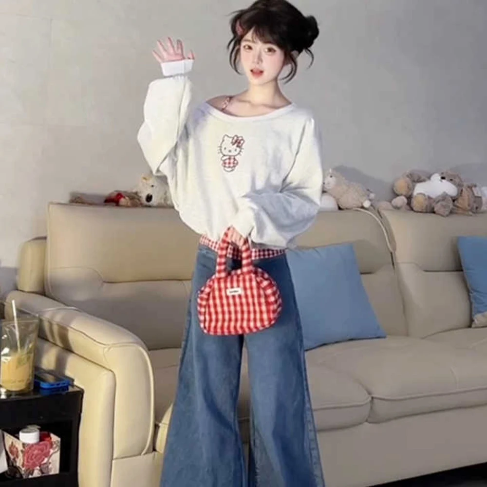 

Толстовка с открытыми плечами в стиле аниме «Hello Kitty», осенние топы на подтяжках из 2 предметов, милые женские повседневные студенческие топы с длинными рукавами для девочек