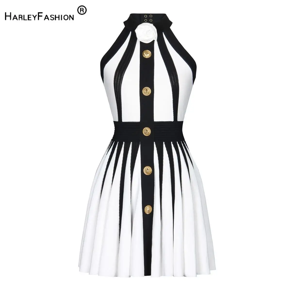 

Summer Colorblock Lady Designed Halter Backless Sleeveless Slim Fitted Ball Gown Women Single-breasted Knits Short Dress