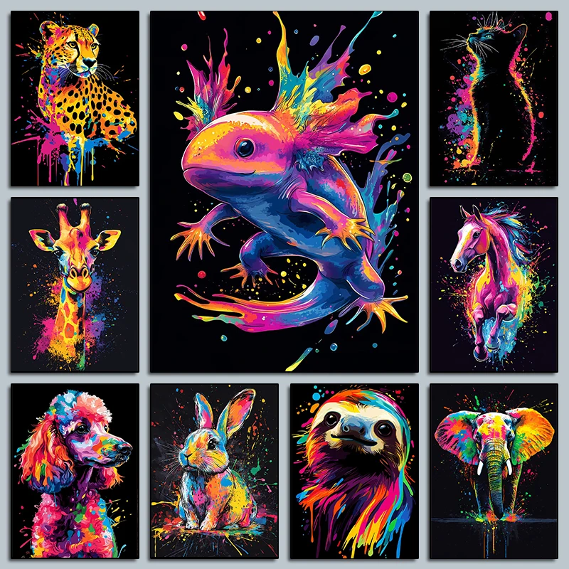 1pc frameless Canvas Painting Colorful Neon Animal Portrait Poster Abstract Llama Black Cat Giraffe Prints Canvas Painting Wall