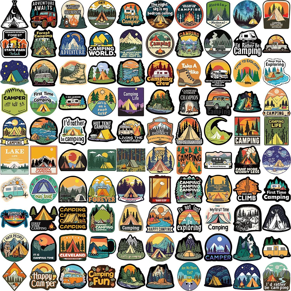 10/30/50/100 Uds. Pegatinas Retro de aventura al aire libre para acampar paisaje de viaje calcomanías de dibujos animados álbum de recortes guitarra pegatina para teléfono decoración