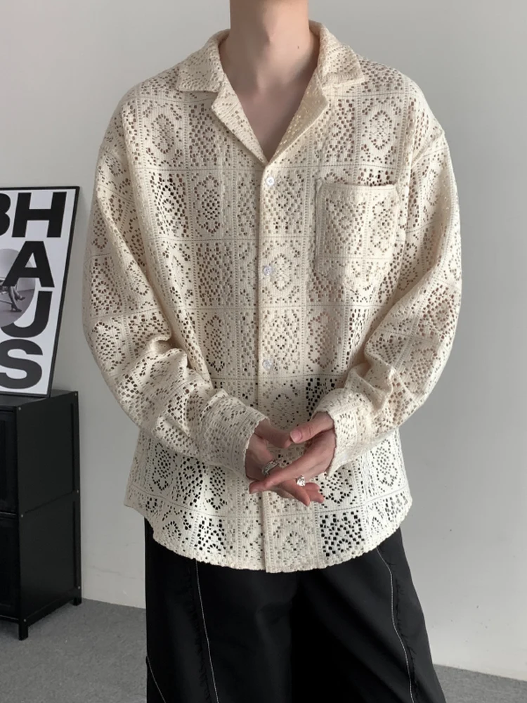 

Summer Hollow out Design Loose Casual Shirt Jacket Couple Trendy Top High End Long Sleeve Men's Shirt Breathable Comfortable