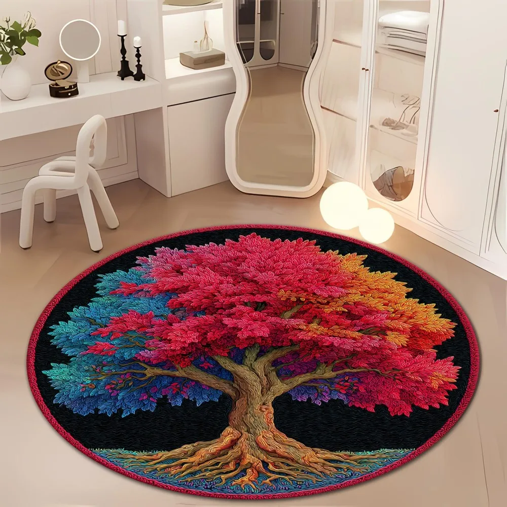 Rainbow Round Floor Mat Tree of Life Celtic Floral Printed Circular Rug Non-Slip Washable Carpets For Sofa Bedroom Decor