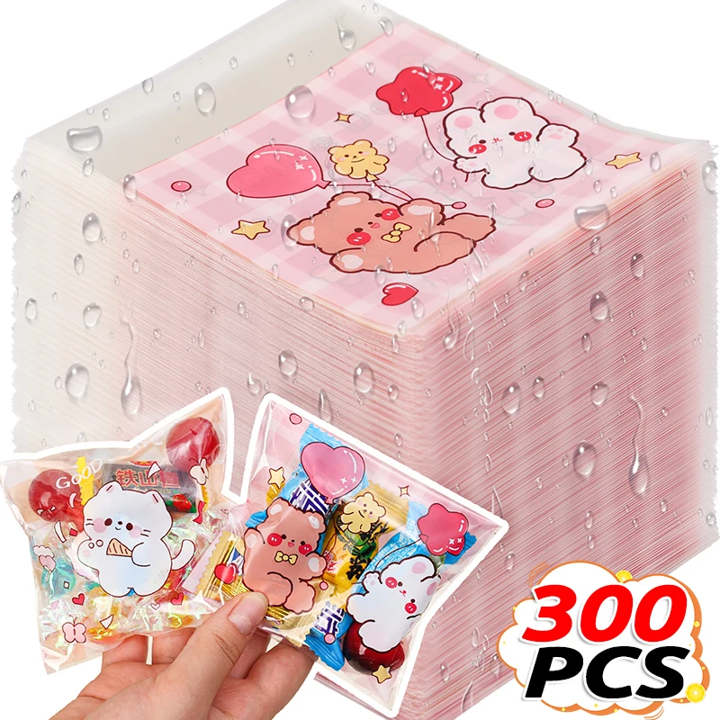 100-300Pcs Easter Cellophane Treat Bags Self-sealing Candy Cookie Bag Cute Little Bear and Bunny Pattern Opp Bag Party Favors