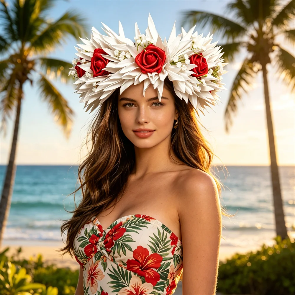 Hawaiian Silk Bird of Paradise w PE Rose Baby's Breath Flower Haku Headband for Party Dance Festival
