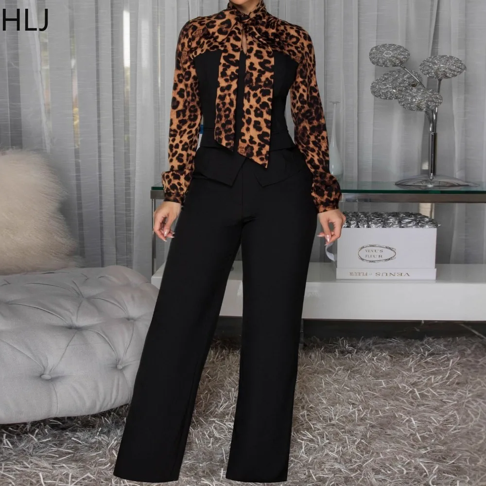 

HLJ Elegant Leopard Print Bodycon Jumpsuits Women High Neck Long Sleeves Wide-leg Pants Rompers Female Streetwear Overalls New