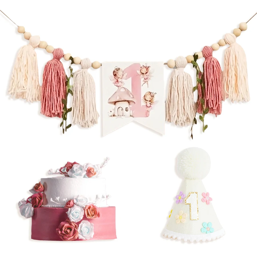 Geburtstagsfeier mit Blumenfee-Motiv, Banner für Hochstühle, Geburtstagshüte, Märchenatmosphäre, Hängedekorationen für die Geburtstagsfeier