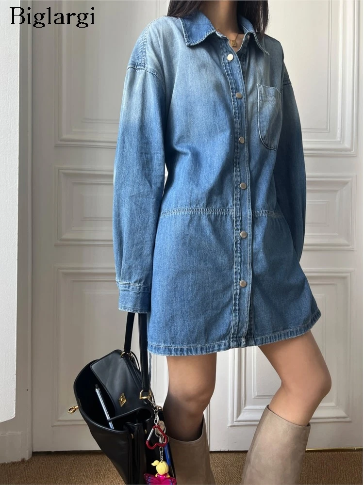 เดรสยีนส์สปริงสำหรับผู้หญิง แฟชั่นใหม่ แขนยาว เดรสเชิ้ตสไตล์เกาหลี ชุดลำลองยีนส์สำหรับผู้หญิง