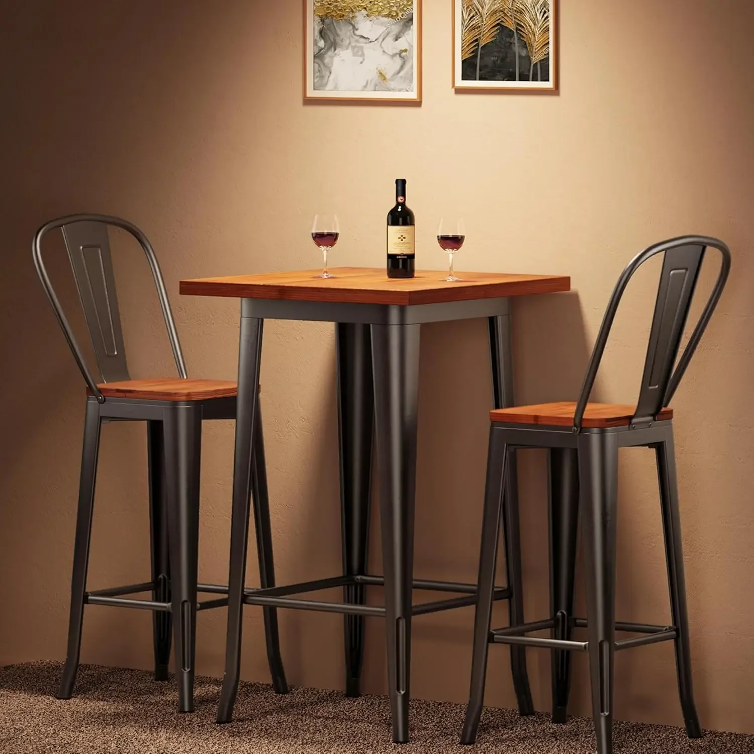 Bar Table and Chairs Set, Pub Table and Chairs Set of 2, with Elm Solid Wood and Thickened Metal Frame, for Bar, Small Space, Bi