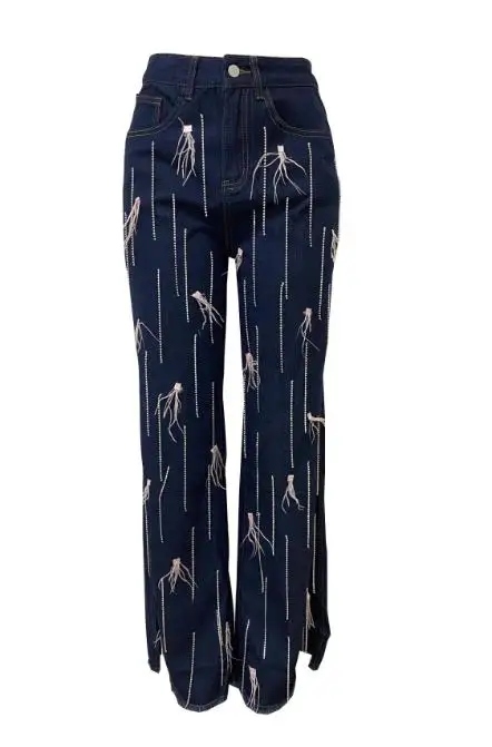 Women's Fashion Nail Buckle Decoration Tassel Loose Straight Tube Denim Pants with Side Slit Stylish Casual Jeans