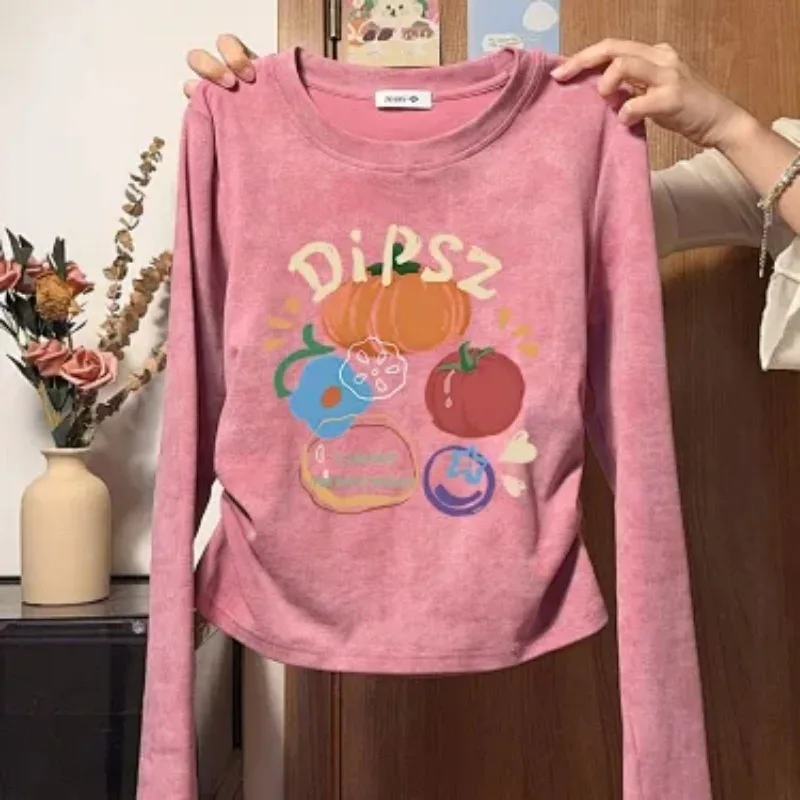 Women Vintage Cartoon Pumpkin Print Long Sleeve T Shirt Spring Autumn Slim Casual Cropped Top S-4XL