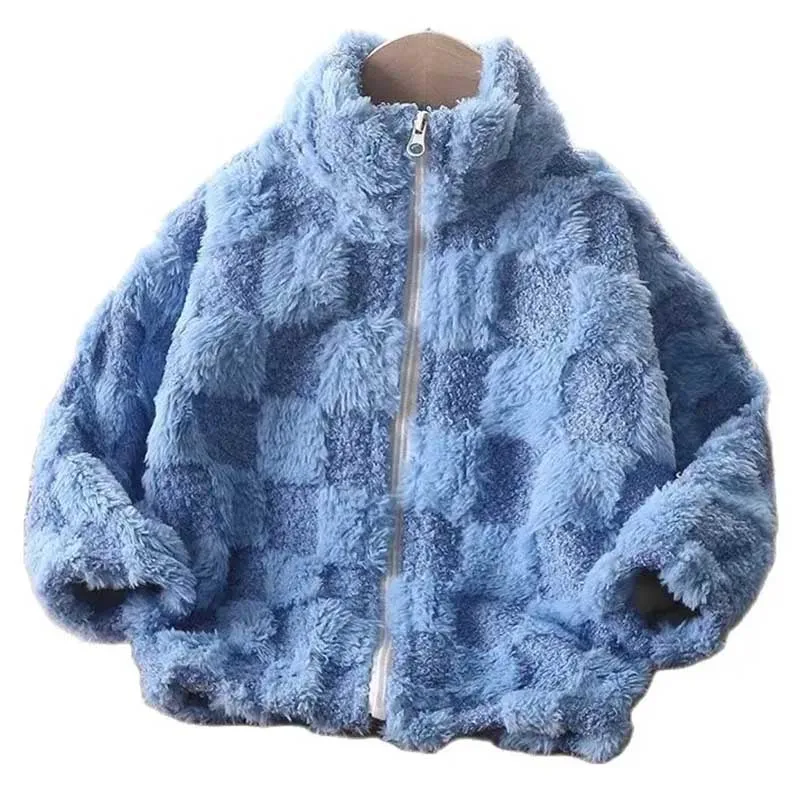 Boys and Girls Autumn and Winter New Checkered Thickened Cardigan Top Stand Up Neck Zipper Coat Windproof and Warm Fashion Coat