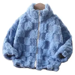 Boys and Girls Autumn and Winter New Checkered Thickened Cardigan Top Stand Up Neck Zipper Coat Windproof and Warm Fashion Coat