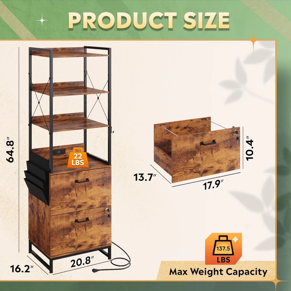 خزانة ملفات قابلة للقفل بدرجين مع قاعدة شحن ورف وخطافات قابلة للتعديل للمكتب المنزلي