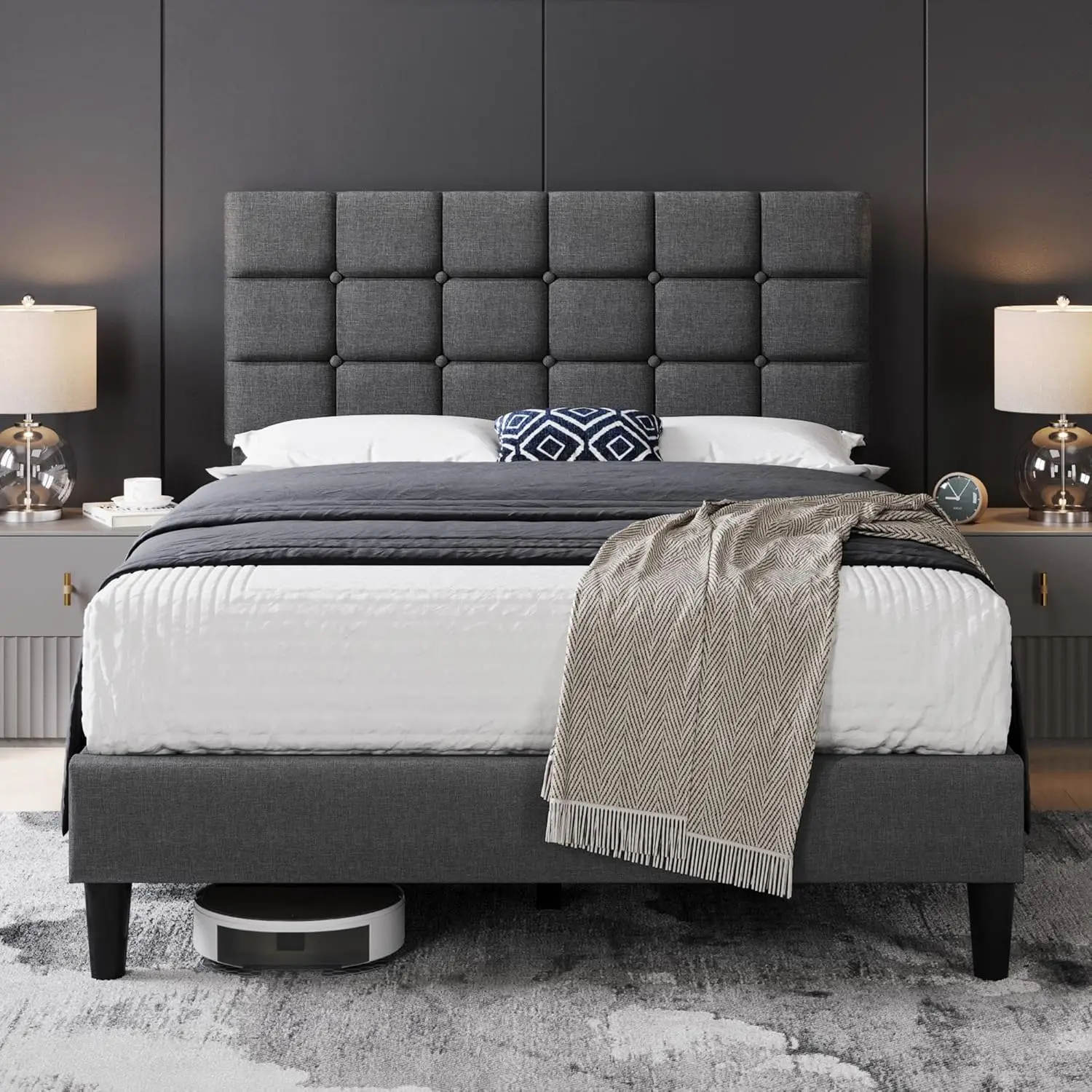 Square Stitched&Button Tufting Headboard Height Adjustable, Wooden Slats Support, No Box Spring Needed, Full Size, Dark Gray