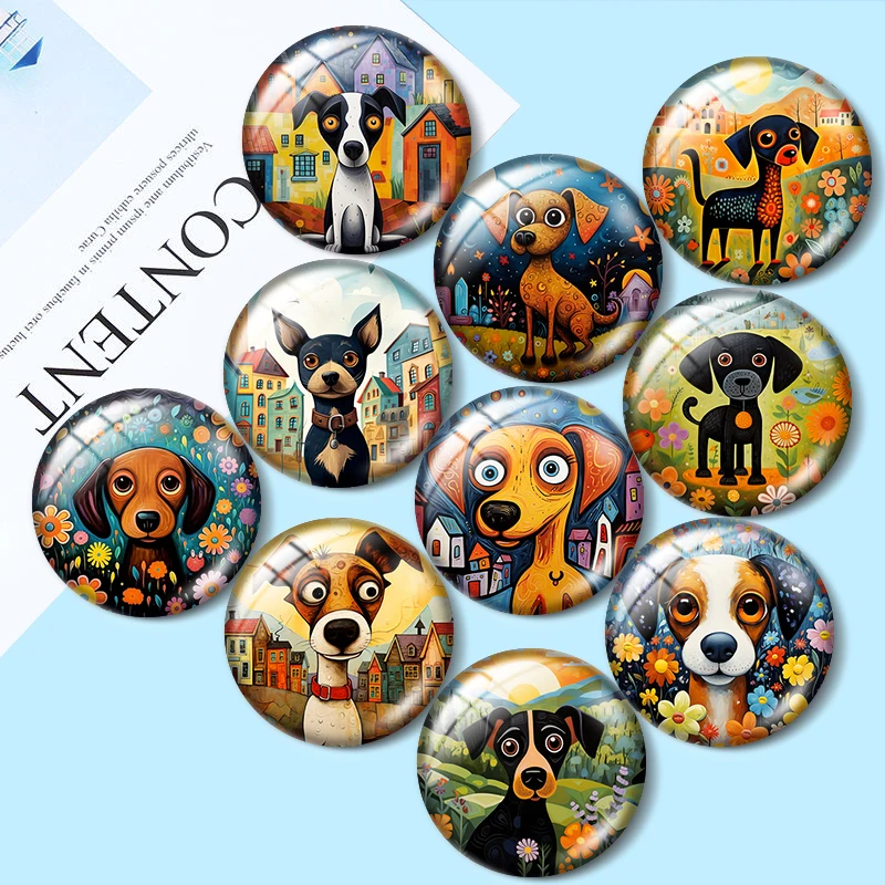 Dog Naive Art 10 sztuk 12mm/18mm/20mm/25mm okrągłe zdjęcie szklany kaboszon demo płaski tył Making findings bransoletki