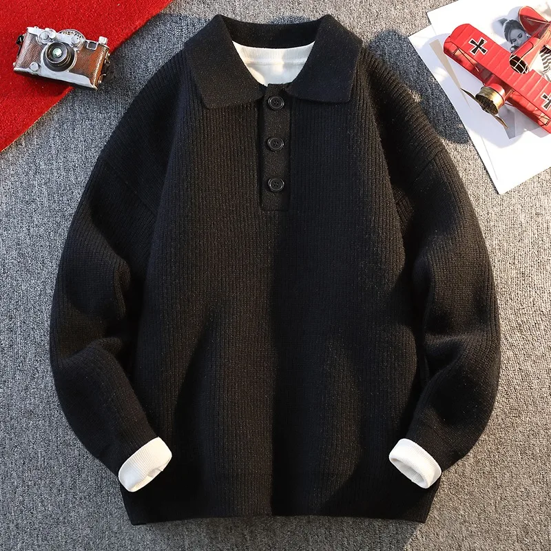 

Сплошной цвет пуловер на пуговицах в рубчик модный свитер с лацканами топ с длинными рукавами