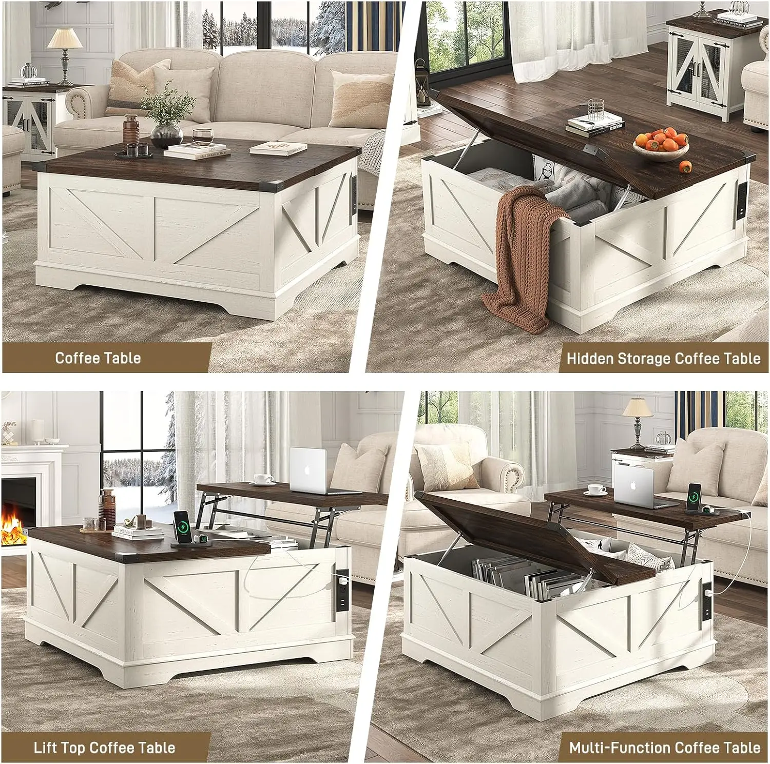 Large Hidden Storage, Square Wood Living Room Tables, Multi-Function Lift Wooden Barn Door Center Table, Rustic White