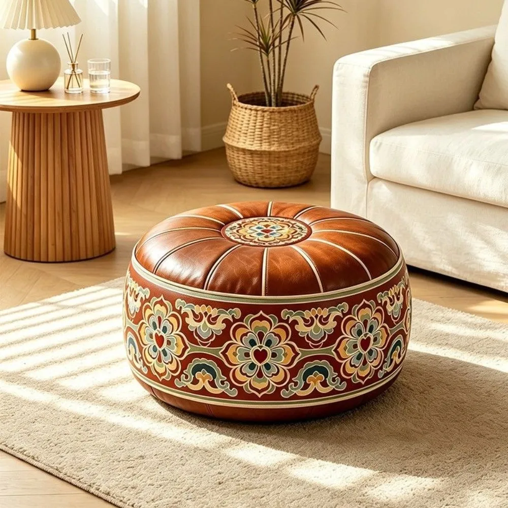 PU Leather Sofa Stool Cover Unfilled Round Storage Leg Bench Water Resistant Foldable Bean Bag Cushion Cover Living Room