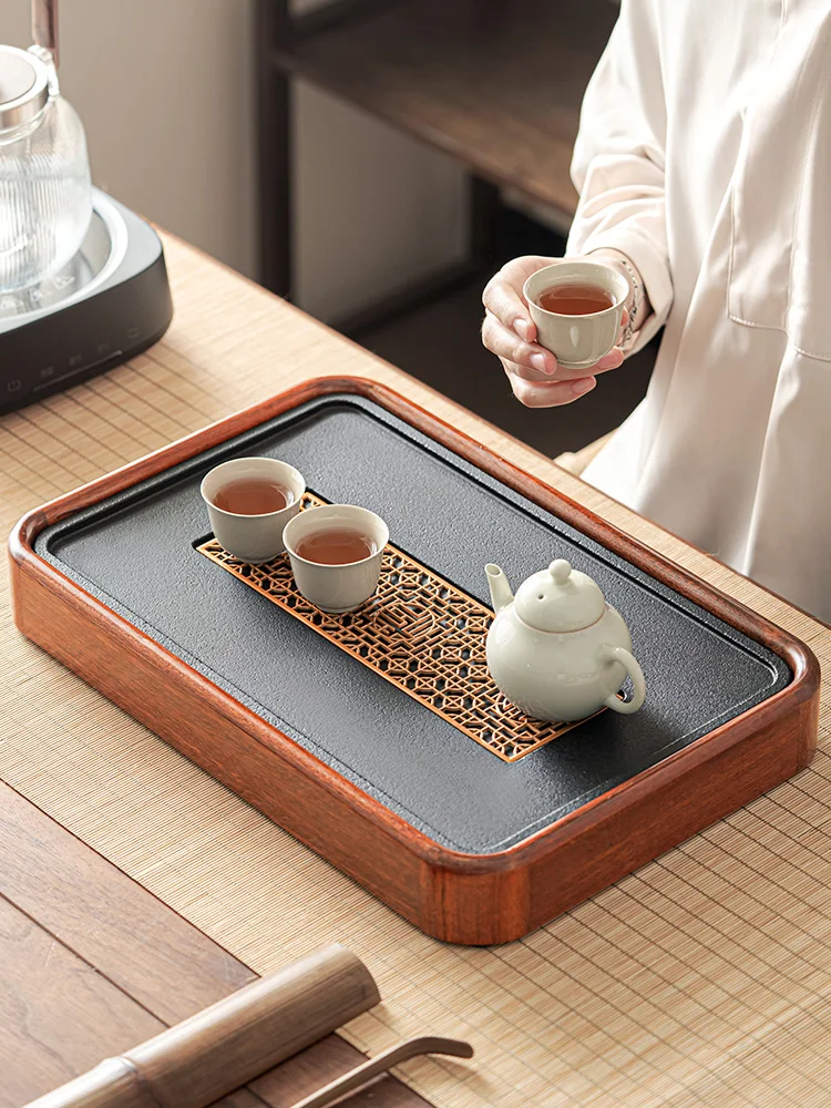 

Rosewood Single Tea Tray Home New Chinese Style Black Porcelain Stone Kung Fu Tea Set Tray Brewing Teaware Table Tray Set Plate