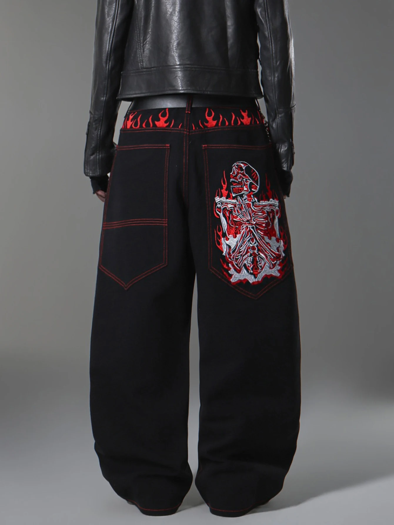 American Retro Skull Embroidery Design Black Baggy Wide-Leg Jeans Man Y2K Hip-Hop Streetwear Fashion  Pants Halloween Vibe