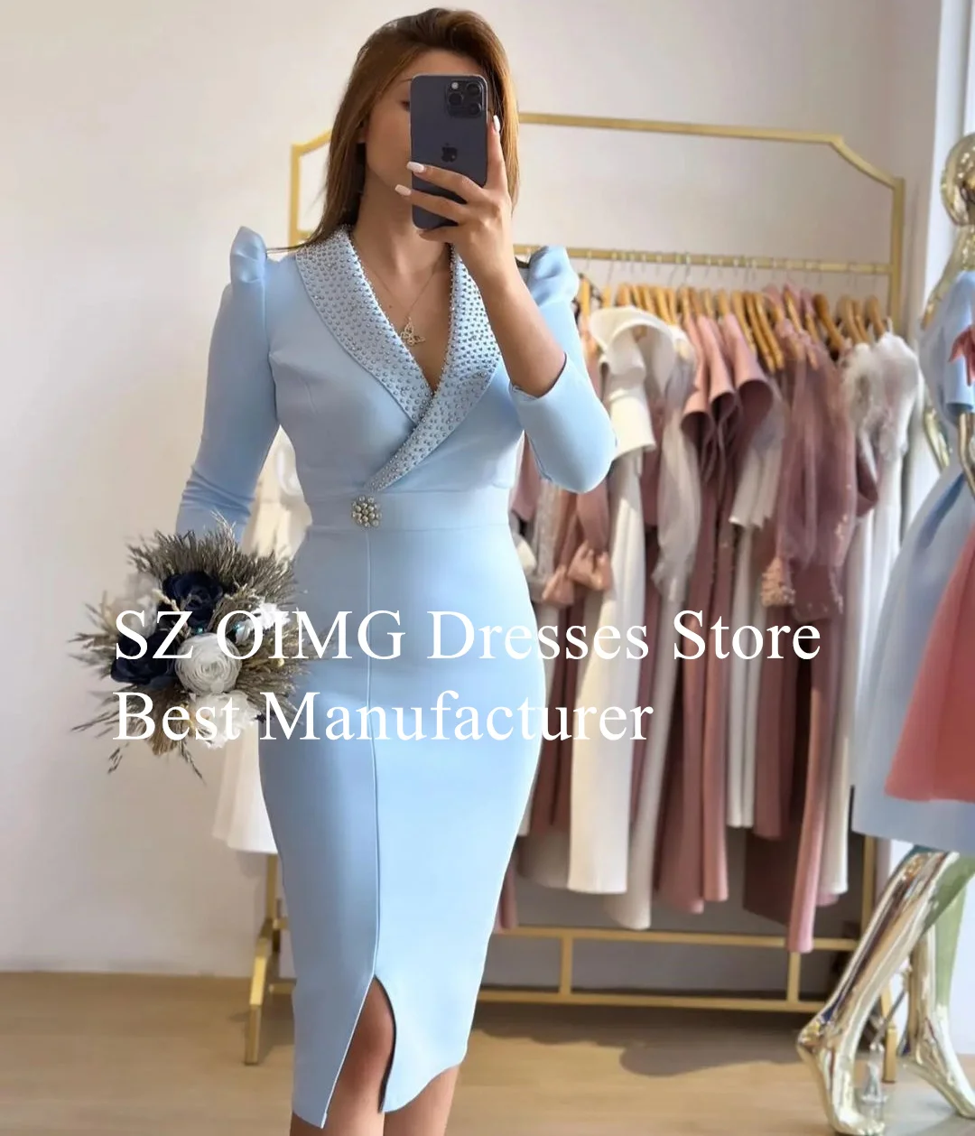 OIMG Sky Blue Pearls Prom Dresses Customized Tea Length Arabic Ruched Satin Elegant Mermaid Gowns Formal Party Dress